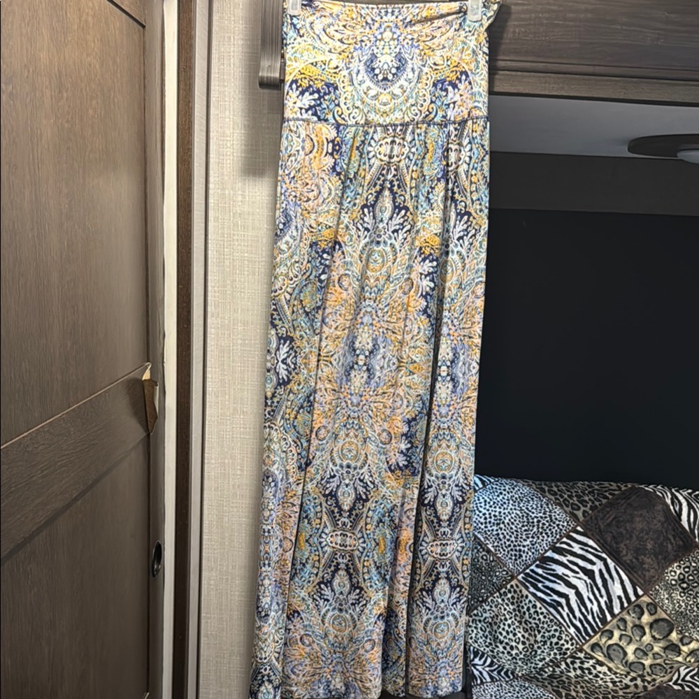 Blue and Yellow Smocked A-Line Maxi Skirt
